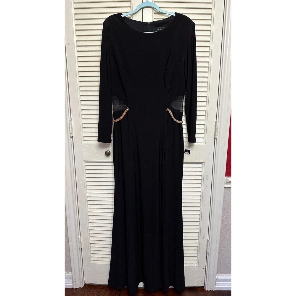 Xscape Evenings Black Gold sz 14W Illusion Cutout Long Sleeve Evening Gown sz 16